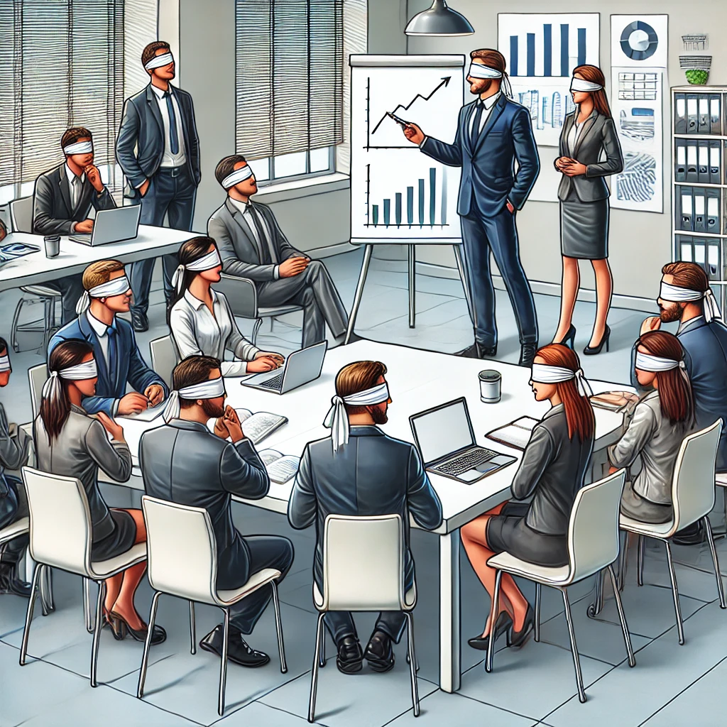 People in professional attire sit blindfolded in a meeting room, reflecting an absence of internal vision, as they listen to a presentation on charts showing upward trends.