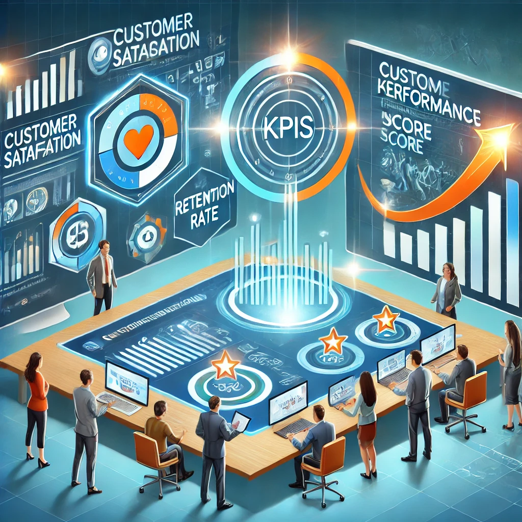 Illustration représentant le suivi des indicateurs de performance clés (KPI) dans une stratégie centrée sur le client, avec un tableau de bord affichant la satisfaction client, le taux de rétention et le Net Promoter Score (NPS), analysés par une équipe dans un environnement professionnel moderne.