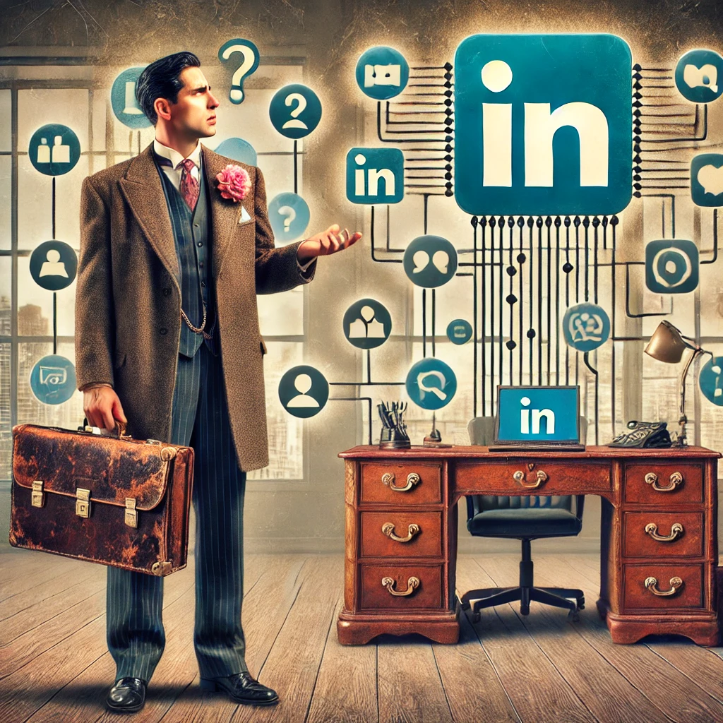 Illustration d’un commercial à l’ancienne en costume vintage, confus devant le logo LinkedIn, entouré d’outils digitaux modernes comme des ordinateurs portables et des smartphones, symbolisant le choc entre tradition et modernité dans la vente.