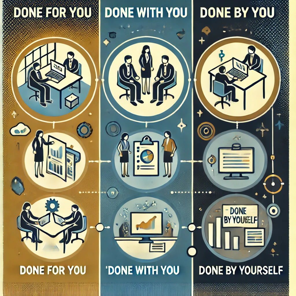 Illustration des trois niveaux d'intervention de Finelis : 'Done for You' avec une équipe travaillant sur un projet, 'Done with You' avec une collaboration entre deux personnes, et 'Done by Yourself' avec un individu autonome, symbolisant l'adaptabilité des solutions commerciales proposées.