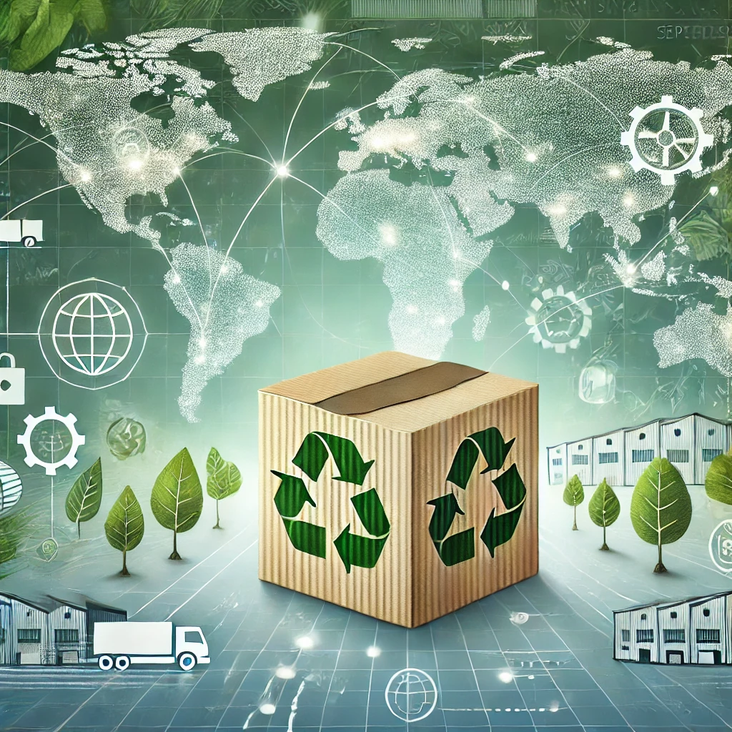 Illustration of an innovative logistics concept, showcasing a reusable and foldable package surrounded by icons representing sustainability and efficiency, with a warehouse and global logistics routes in the background.